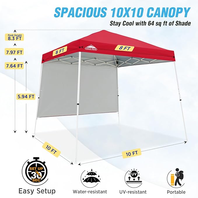 EAGLE PEAK 10x10 Pop Up Canopy Tent with Sidewall, Compact, Portable Slant Leg Instant Sun Shelter for Beach, Sports, & Camping, 10x10 Base 8x8 Top, Red