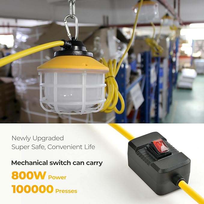 Outdoor Construction LED String Lights with Switch: 3 Prong 100FT 150w 21000lm ETL Certified Bright Industrial Temporary Lighting Hanging IP65 Waterproof Work Light for Attic Jobsite Garage