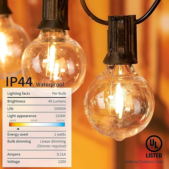 Brightown Led String Lights Outdoor 50Feet G40 Patio Lights with 52 Led Shatterproof Bulbs(2 Spare), Waterproof Led Globe Hanging Lights for Backyard Porch Bistro Balcony Decor, E12 Socket, 2200K