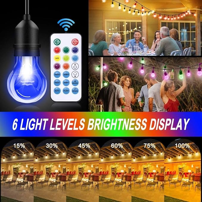 Outdoor Patio Lights Color Changing, 35FT RGB LED String Lights with 16 E26 Shatterproof Edison Bulbs, Dimmable Patio String Lights for Bistro Backyard Garden, 1 Remote Controllers
