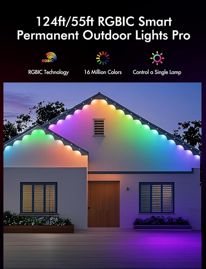 Permanent Outdoor Lights, Smart RGBIC Outdoor Lights with Multi Scene Modes, 124ft with 72 LED Lights, IP67 Waterproof, Alexa/Google Compatible, All-Weather Defense & 10-Second Quick Installation