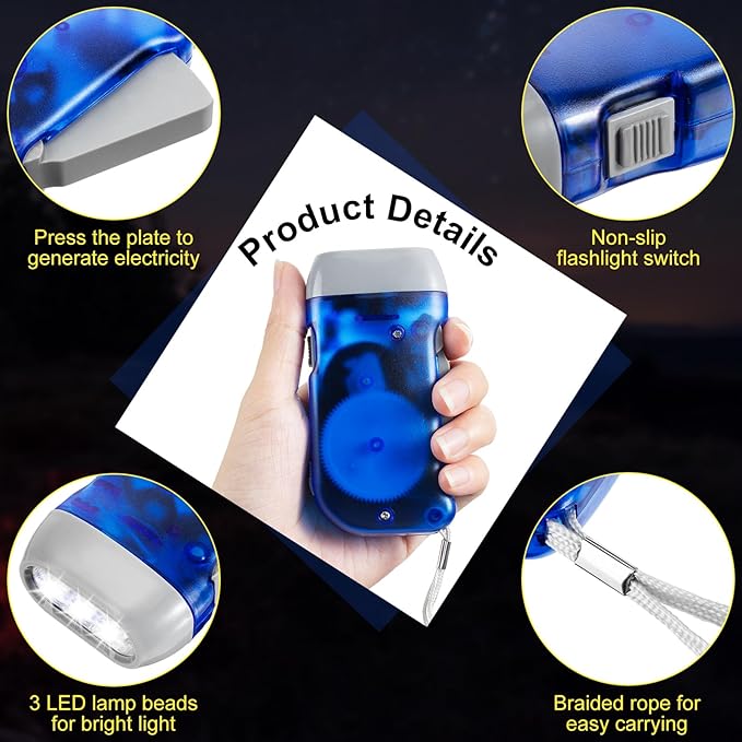 Treela 60 Pack Hand Crank Flashlight Operation Christmas Items Bulk Squeeze Flashlight No Battery Required Torchlight 3 LED Self Powered Charging(Yellow, Gray, Blue, Red)