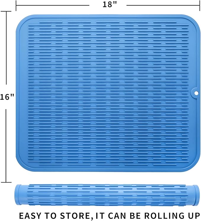 Silicone Dish Drying Mat for Multiple Usage,Easy clean,Eco-friendly,Heat-resistant Silicone Mat for Kitchen Counter or Sink,Refrigerator or Drawer Liner Lichen BlueL 2XL 24 inches x 18 inches