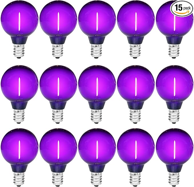 Dark Purple Light Bulbs Plastic 1 Watt G40 LED Replacement Bulbs for Indoor Outdoor String Lights, Shatterproof Waterproof E12 Base Filament Edison Christmas Halloween Light Bulbs,15 Pack