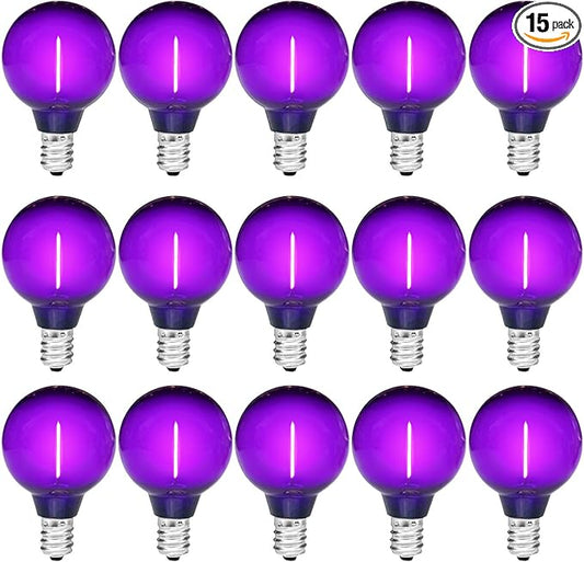Dark Purple Light Bulbs Plastic 1 Watt G40 LED Replacement Bulbs for Indoor Outdoor String Lights, Shatterproof Waterproof E12 Base Filament Edison Christmas Halloween Light Bulbs,15 Pack