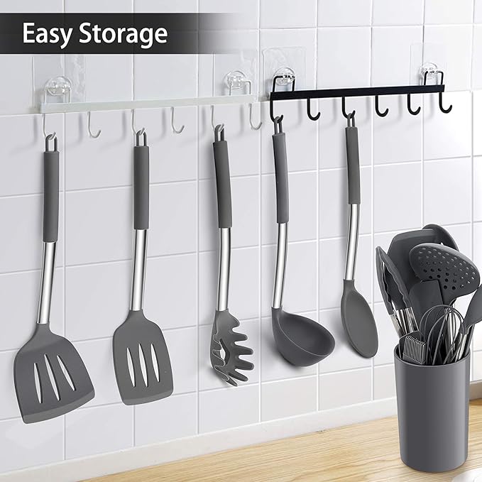 LIANYU 15-Piece Cooking Kitchen Utensils Set with Holder, Silicone Kitchen Tools Stainless Steel Handle, Slotted Spatula Spoon Turner Tong Whisk Brush for Cooking, Gray