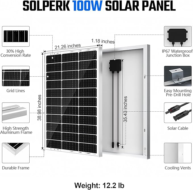 SOLPERK 100 Watt Solar Panel 12 Volt, 100W Solar Panel High-Efficiency Monocrystalline Solar Panels for Home, RV, Camping, Marine, Rooftop, Off-Grid Applications