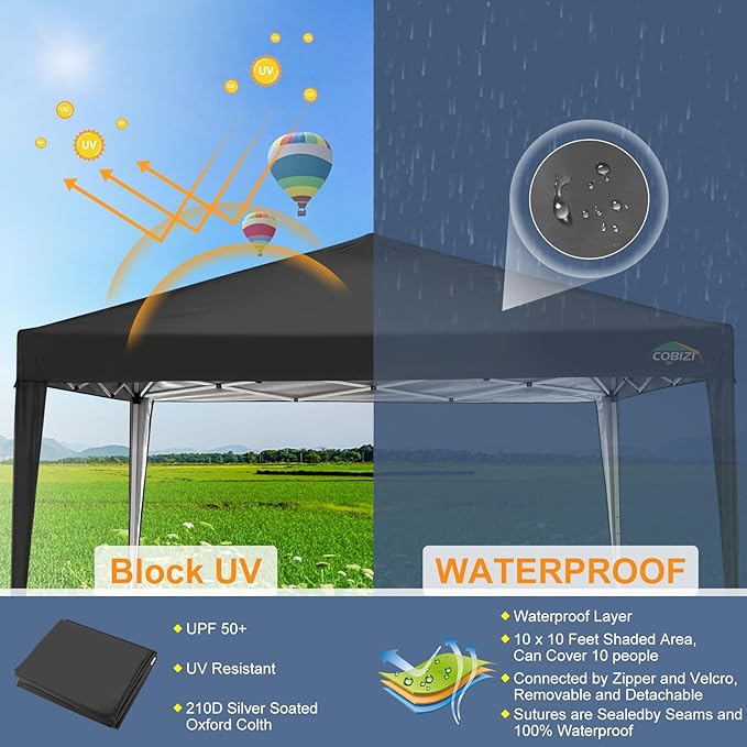 COBIZI 10x10 Pop Up Canopy Tent with 4 Sandbags, Easy Set Up Tent, Instant Outdoor Sun Shelter Canopy with 8 Stakes,4 Ropes&Carry Bag, Tents for Parties, Beach, Backyard,Camping(Black