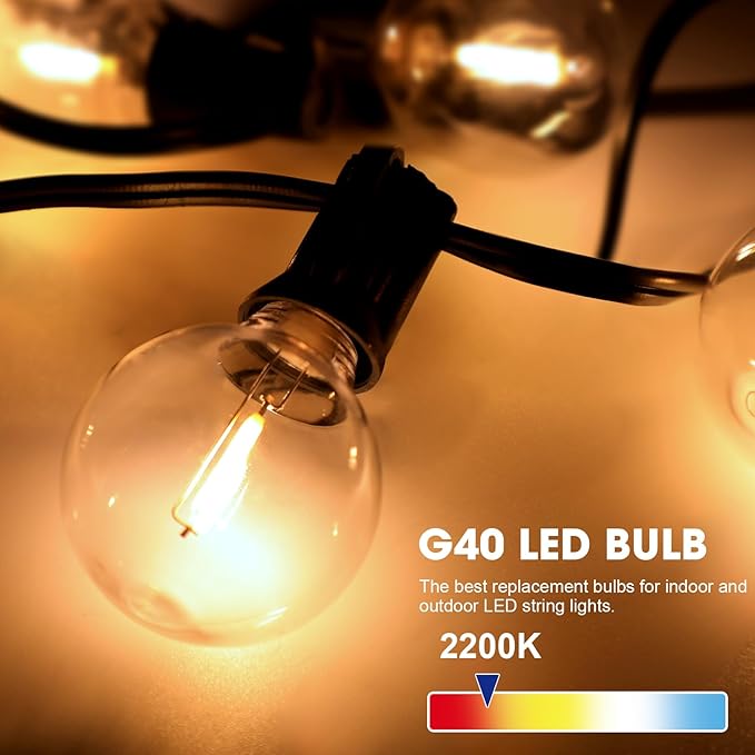 15 Pack G40 Outdoor String Light Bulbs, Waterproof Shatterproof Globe Bulbs with E12 Base, Dimmable Edison Light Bulbs for Party, Garden, Patio Decor, 2200K