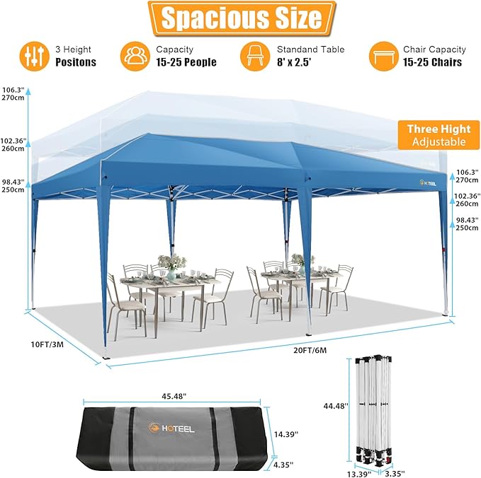 HOTEEL 10x20 Pop Up Canopy with 6 Sidewalls,One-Push Setup Canopy Tent with 8 Windbreak Poles,Waterproof Shade 10x20,Outdoor Canopies for Parties,Weddings,Camping,Patios (Blue)