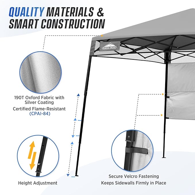EAGLE PEAK 8x8 Pop Up Canopy Tent with Sidewall, Compact, Portable Slant Leg Instant Sun Shelter for Beach, Sports, & Camping, 8x8 Base 6x6 Top, Light Gray