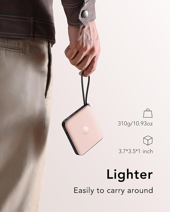VRURC 20000mAh Power Bank Built-in Cables, Travel Essentials, Portable Charger 22.5W Fast Charging USB C Battery Pack, Phone Battery for iPhone 16 15 14 13 12 11 x Samsung Android Phone,Pink(1 Pack)