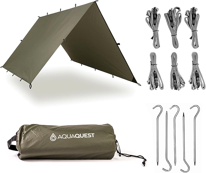 AquaQuest Defender Tarp – 100% Waterproof (20,000mm) Heavy-Duty Shelter for Camping, Bushcraft, Survival, Hammock, Basecamp, Hunting, Hiking & All-Season Use – 30 Options Available: 5 Sizes & 6 Colors