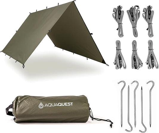 AquaQuest Defender Tarp – 100% Waterproof (20,000mm) Heavy-Duty Shelter for Camping, Bushcraft, Survival, Hammock, Basecamp, Hunting, Hiking & All-Season Use – 30 Options Available: 5 Sizes & 6 Colors