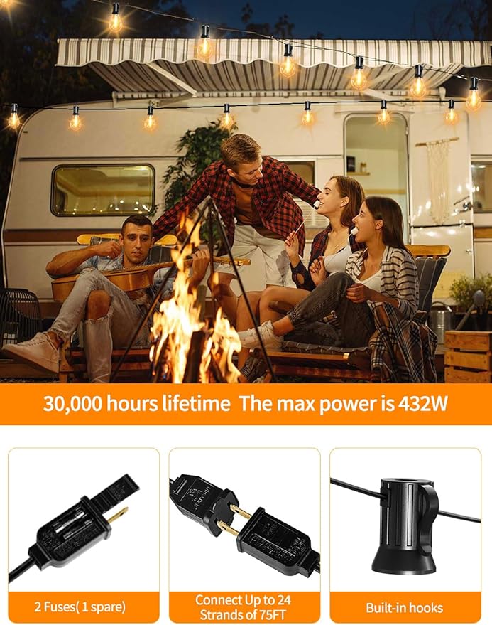Outdoor String Lights 75FT Patio Lights with 35+3 A39 Waterproof Edison Bulbs LED String Lights for Outside Bistro, Backyard, Cafe, Gazebo, Warm White 2200k