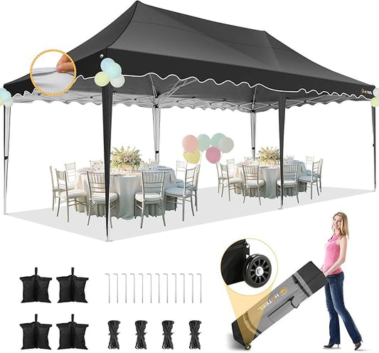 HOTEEL 10×20 Pop Up Canopy, Canopy Tent UV 50+ and Waterproof, Thickened Frame, Large Space Easy Pop Up Canopy, Outdoor Canopy for Weddings, Beaches, Parties, Patio (Black)