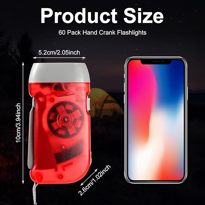 Treela 60 Pack Hand Crank Flashlight Operation Christmas Items Bulk Squeeze Flashlight No Battery Required Torchlight 3 LED Self Powered Charging(Red, Blue, Purple, Orange, Yellow, Green)