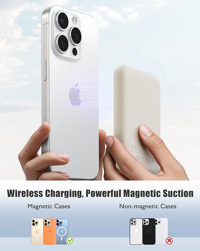 Magsafe Portable Charger, Ultra-Slim 10,000mAh Magnetic Wireless Portable Charger, PD 20W Fast Charging Power Bank, Magsafe-Compatible Battery Pack for iPhone Series (Beige)