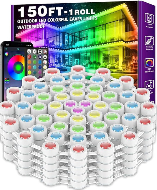 150FT Permanent Outdoor RGB Lights - IP67 Waterproof with Smart App Control Remote, DIY Scene Modes, Music Synchronization, Eaves Lights For Garden Decor, Deck, Christmas, Party, Party, Halloween,Roof