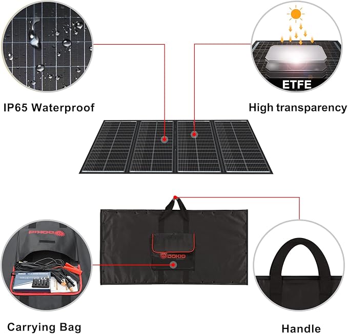 DOKIO 300W 36V Black Portable Solar Panels Kit Folding Solar Charger for 24v Batteries/Power Station AGM LiFePo4 RV Camping Trailer Car Marine………