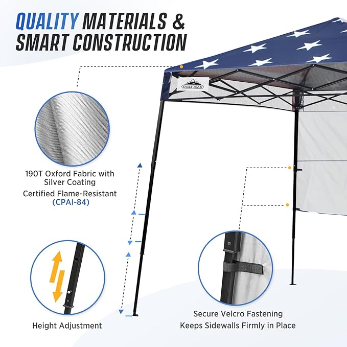 EAGLE PEAK 8x8 Pop Up Canopy Tent with Sidewall, Compact, Portable Slant Leg Instant Sun Shelter for Beach, Sports, & Camping, 8x8 Base 6x6 Top, American Flag