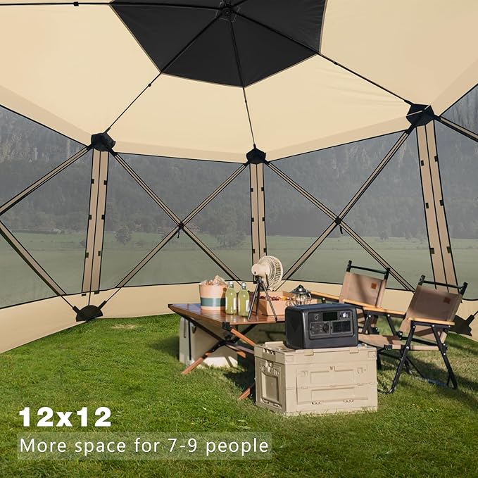 MASTERCANOPY 12x12FT Pop Up Gazebo Screen Tent - Instant Screen House with Netting, Quick Set, Outdoor Canopy Shelter with Carry Bag for Camping, Backyard & Patio (Beige)