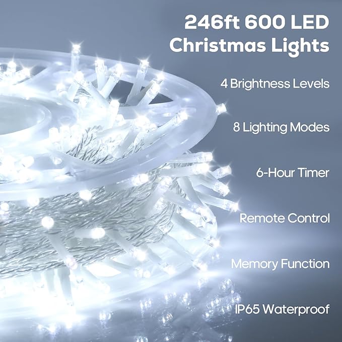 246FT 600 LED Christmas Lights Outdoor Indoor Waterproof 8 Modes String Lights for Outside Cool White Christmas Tree Lights Plug in for Outside Bedroom Wedding Party Holiday Decorations