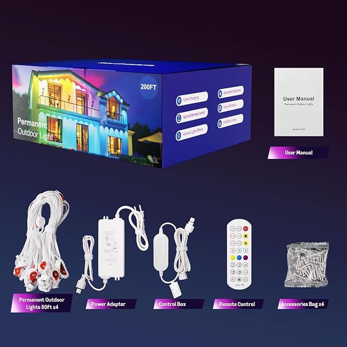 HUTAKUZE Permanent Outdoor Lights, 200FT RGB Smart Eaves Lights, IP67 Waterproof LED Outdoor Strip for House, Music Sync, APP/Remote Control, 16 Million Colors