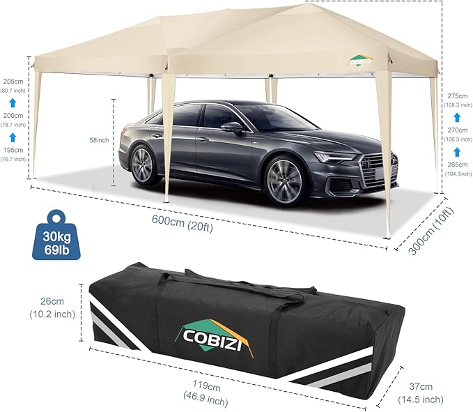 COBIZI Canopy 10x20 Pop Up Canopy Tent 10x20ft Waterproof Easy Up Tents for Parties Wedding Outdoor Commercial Event Gazebo Portable Instant Tent for Backyard Camping Car Port(Khaki