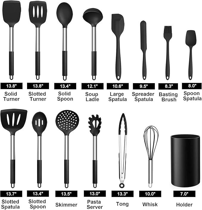 LIANYU 15-Piece Kitchen Cooking Utensils Set with Holder, Silicone Kitchen Tools Stainless Steel Handle, Slotted Spatula Spoon Turner Tong Whisk Brush for Cooking, Black