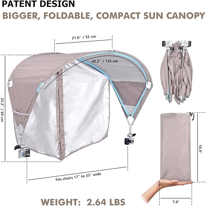 Universal Chair Umbrella Canopy, UPF 50+ Sun Shade with Adjustable Clamp Clip for Beach Chair, Outdoor Camping Chair, Sports Chair, Lawn Chair, Tanning Chair, Zero Gravity Chair, 2 Pack Beige