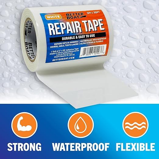 Repair Tape for Fabric Boat Covers, Canvas Tents, Pop-Up Campers, RV Awnings, Tarps, Canopies, Bimini Tops, Sails, Air Mattress Patch Kit, 30ft x 3" White Heavy-Duty Waterproof Vinyl