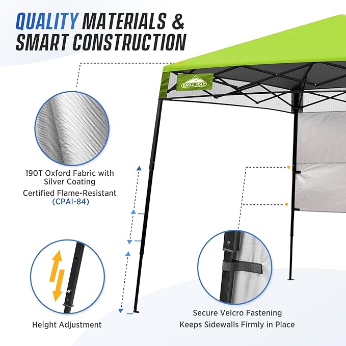 EAGLE PEAK 8x8 Pop Up Canopy Tent with Sidewall, Compact, Portable Slant Leg Instant Sun Shelter for Beach, Sports, & Camping, 8x8 Base 6x6 Top, Green