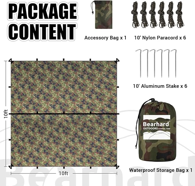 Bearhard Waterproof Camping Tarp, Lightweight Hammock Rain Fly, UV Protection and PU 3000mm Waterproof Backpacking Tarp, 10x10ft/10x12ft Large Tent Footprint or Shelter Kit for Hiking and Outdoor Adventure