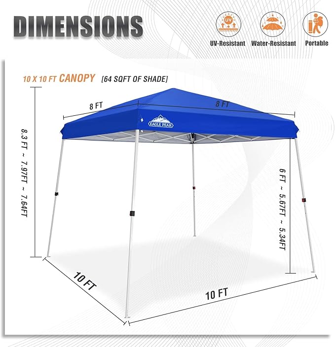 EAGLE PEAK 10x10 Slant Leg Outside Pop Up Canopy, Instant Outdoor Canopy Tent, 8x8 Top 10x10 Base Sun Shelter with Wheeled Carry Bag, Ropes and Stakes, Blue