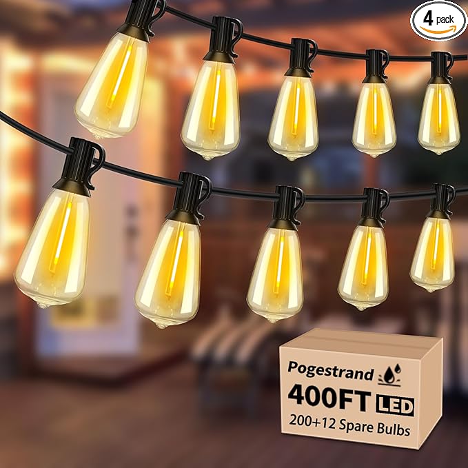 LED Outdoor String Lights 400ft Shatterproof Patio Lights with 212 Waterproof ST38 Vintage Bulbs(12 Spare), Dimmable Outside Hanging String Lights for Backyard Porch Balcony Party, Warm White