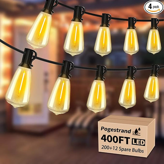 LED Outdoor String Lights 400ft Shatterproof Patio Lights with 212 Waterproof ST38 Vintage Bulbs(12 Spare), Dimmable Outside Hanging String Lights for Backyard Porch Balcony Party, Warm White