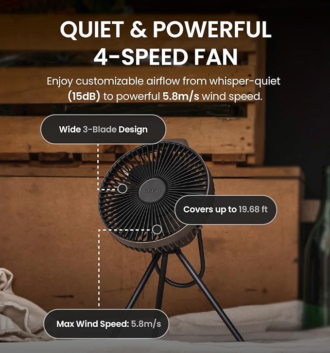 Claymore V600+ Rechargeable Camping Fan (Warm Grey) – 7,800 mAh Battery Operated Portable Fan for Indoor & Outdoor Use, 4-Speed Quiet Air Circulator, USB‑C Charging, Timer, Carry Pouch Included