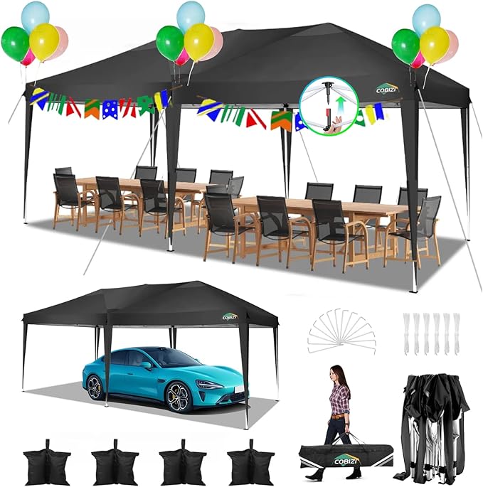 COBIZI 10x20 Pop Up Canopy Tent One Push Setup UV Protection 50+ Waterproof Party Tents for Parties Wedding Outdoor Commercial Event Gazebo Portable Instant Tent for Backyard Camping Carport,Black