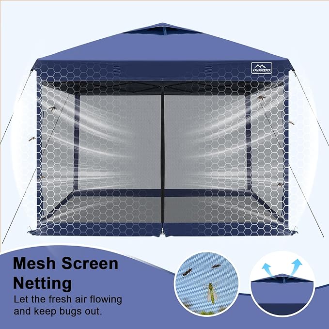 KAMPKEEPER 10x10 Pop Up Canopy with Mosquito Netting,Instant Outdoor Screen Tent Sun Shade for Events Patio Camping Picnic,Gazebo with 4 Sandbags,1 Wheeled Bag(Navy Blue)