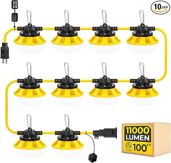 100ft Construction String Lights: 100w 11000lm ETL Certified Bright Industrial Outdoor Temporary Lighting Led Hanging IP65 Waterproof 18AWG Wire Work Light for Attic Jobsite Garage