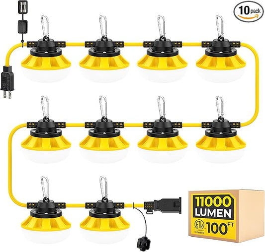 100ft Construction String Lights: 100w 11000lm ETL Certified Bright Industrial Outdoor Temporary Lighting Led Hanging IP65 Waterproof 18AWG Wire Work Light for Attic Jobsite Garage
