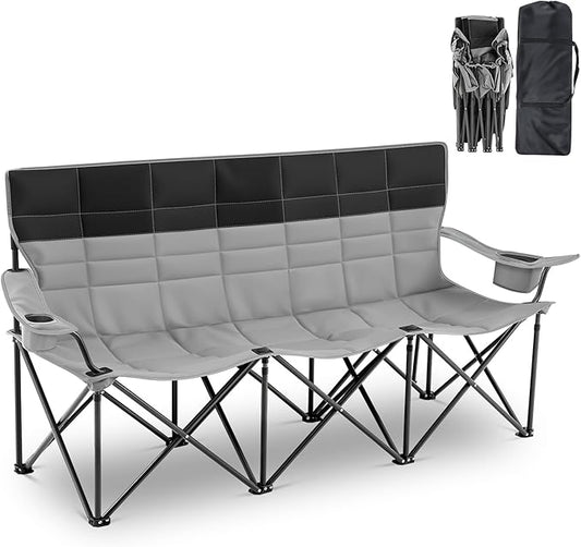 Oversized Double Camping Couch Chair Outdoor Fully Padded Folding Sofa, 3 Person Capacity Camping Chair, Extra Large Sturdy Bench for Campsites, Soccer Games, Backyard Party, Fall Outdoor Activities