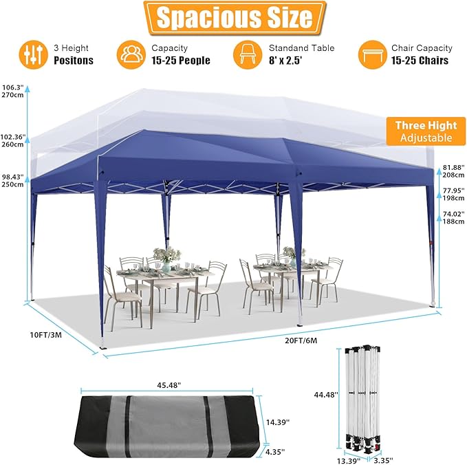 HOTEEL 10x20 Pop Up Canopy with 6 Sidewalls,One-Push Setup Canopy Tent with 8 Windbreak Poles,Waterproof Shade 10x20,Outdoor Canopies for Parties,Weddings,Camping,Patios (Dark Blue)