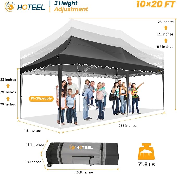 HOTEEL 10×20 Pop Up Canopy, Canopy Tent UV 50+ and Waterproof, Thickened Frame, Large Space Easy Pop Up Canopy, Outdoor Canopy for Weddings, Beaches, Parties, Patio (Black)