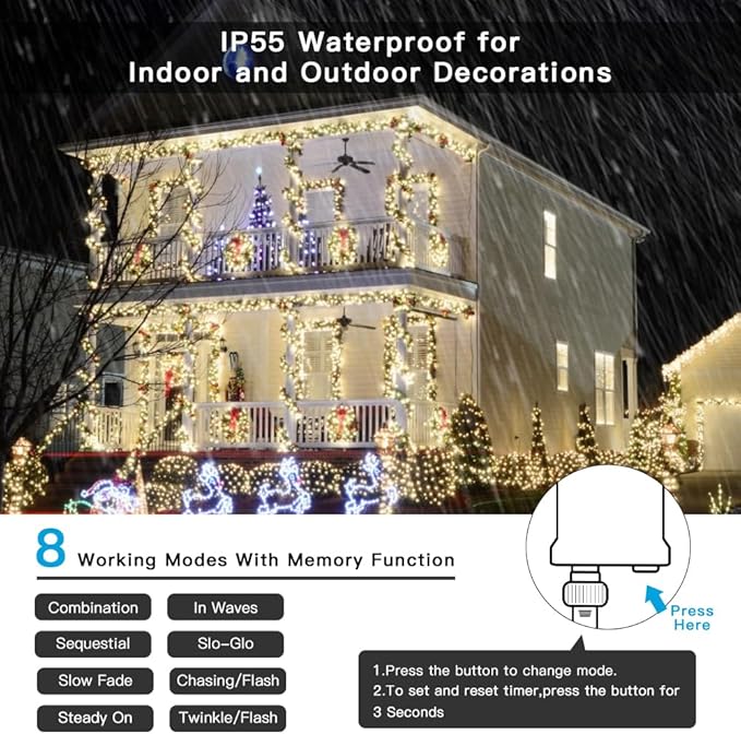 AmyHomie Warm White Christmas Lights, 108Ft 300LED Plug-in Christmas String Lights,8 Modes Waterproof Fairy String Lights for Outdoor & Indoor Christmas Tree Home Patio Garden Party Wedding Decor