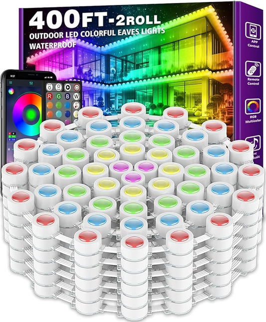 400FT Permanent Outdoor RGB Lights - IP67 Waterproof with Smart App Control Remote, DIY Scene Modes, Music Synchronization, Eaves Lights For Garden Decor, Deck, Christmas, Party, Party, Halloween,Roof