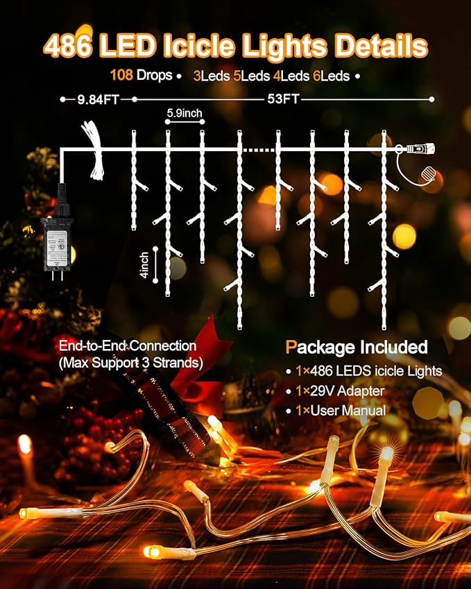 Christmas Lights Outdoor, 53 FT 486 LED Christmas Light for Outside, Timer & Memory, Plug in 8 Modes Hanging Fairy Light with 108 Drops for House Eaves Yard Patio Holidays Decorations, Warm White