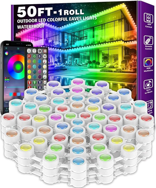 50FT Permanent Outdoor RGB Lights - IP67 Waterproof with Smart App Control Remote, DIY Scene Modes, Music Synchronization, Eaves Lights for Garden Decor, Deck, Christmas, Party, Party, Halloween,Roof