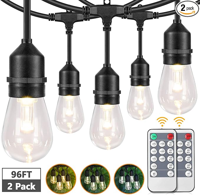 2-Pack 3 Color Dimmable LED Outdoor String Lights for Patio with Remotes, 96FT Waterproof Hanging Lights with Shatterproof Edison Bulbs for Bistro Backyard-Warm White/Nature White/Daylight White